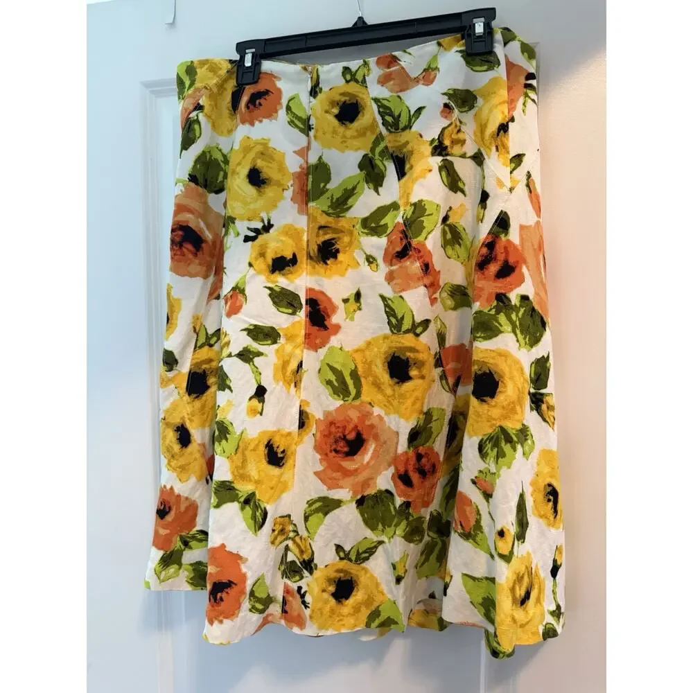 Premise Linen Floral A Line Skirt Yellow Orange Size 10